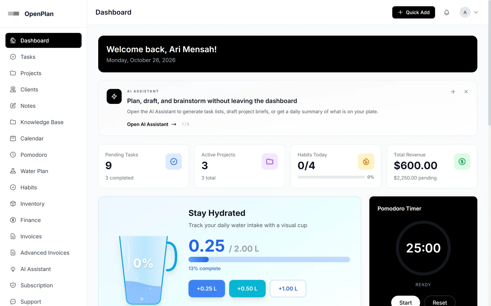 The OpenPlan dashboard showing pending tasks, active projects, habits and revenue (sample data)