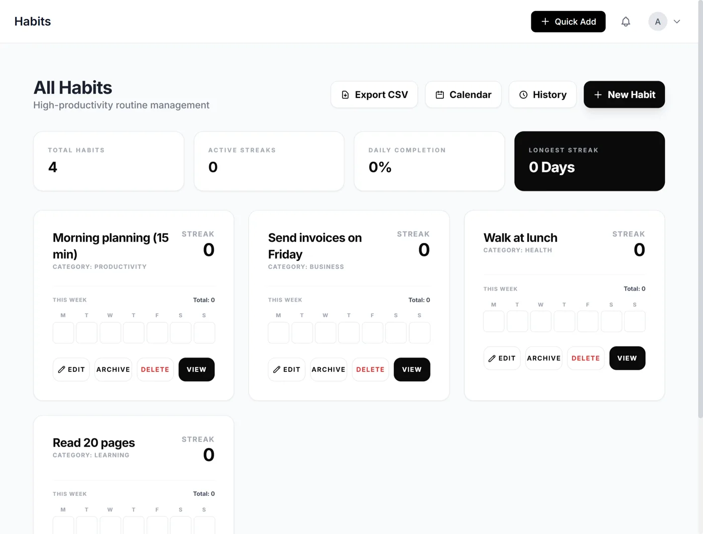 The Habits screen with weekly routines like morning planning and sending invoices on Friday (sample data)