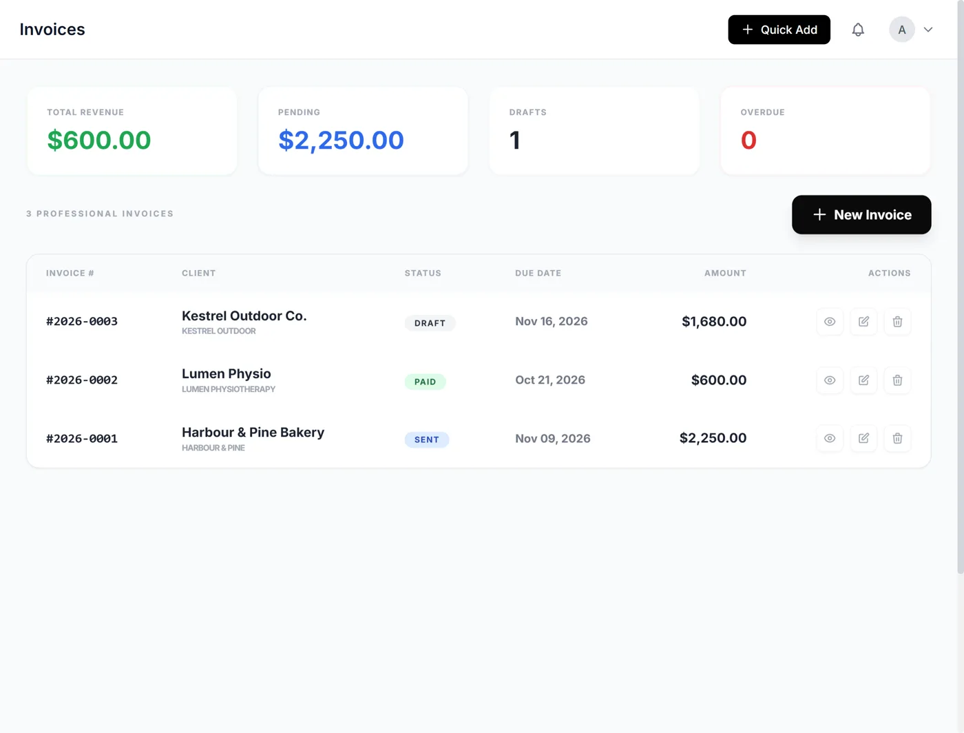 The Invoices screen with revenue, pending and overdue totals (sample data)
