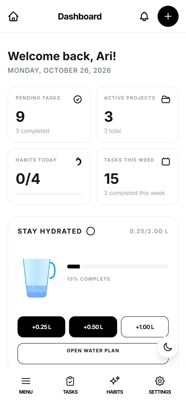 The mobile dashboard with tasks, projects, habits and the water tracker (sample data)