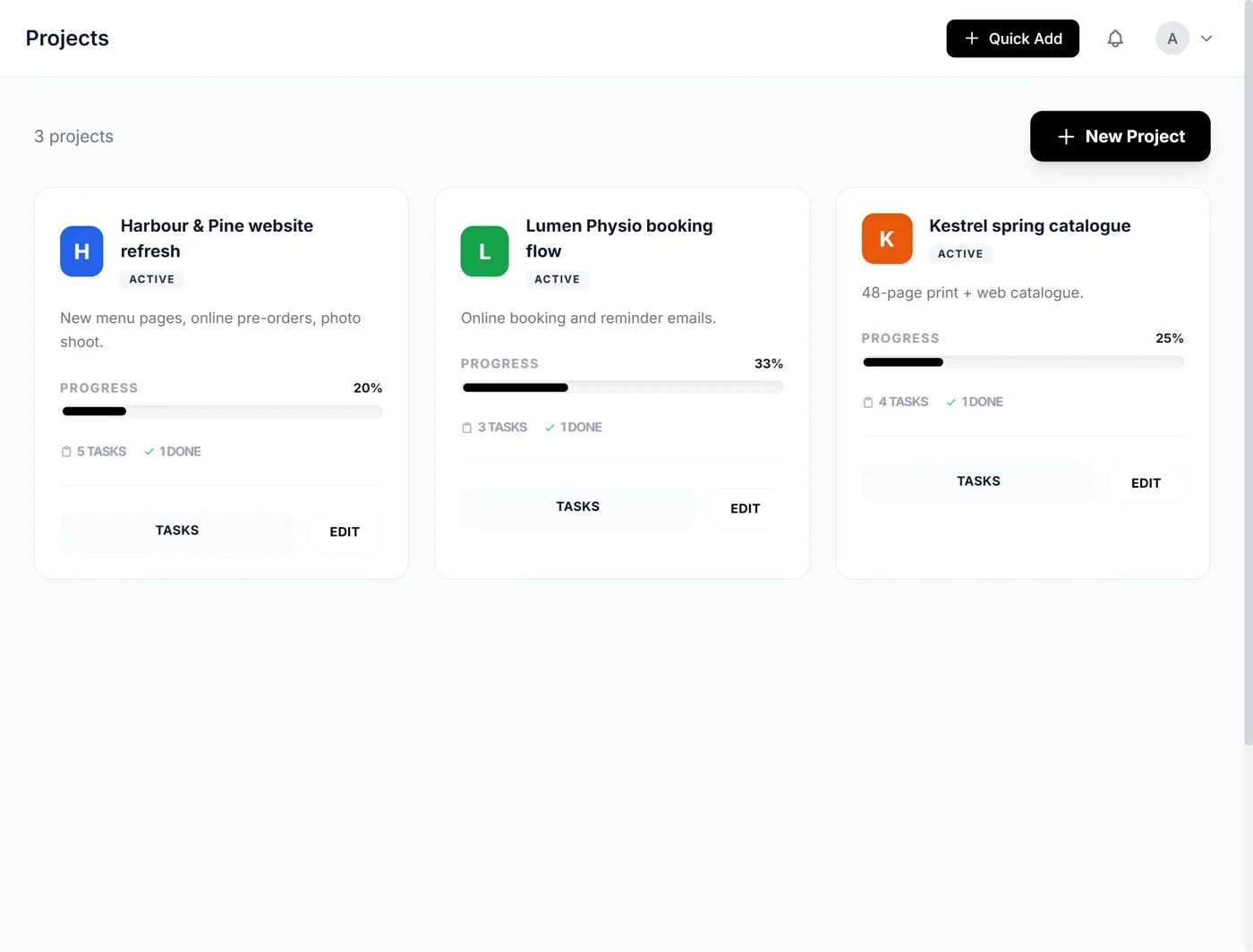 The Projects screen with three client projects and their progress (sample data)